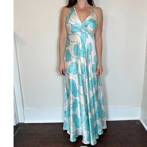 Artigli White Blue Floral Satiny Maxi Dress fits Like Size 2 NWT